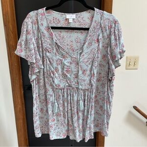 J. Jill Soft Blue and Pink Floral Blouse